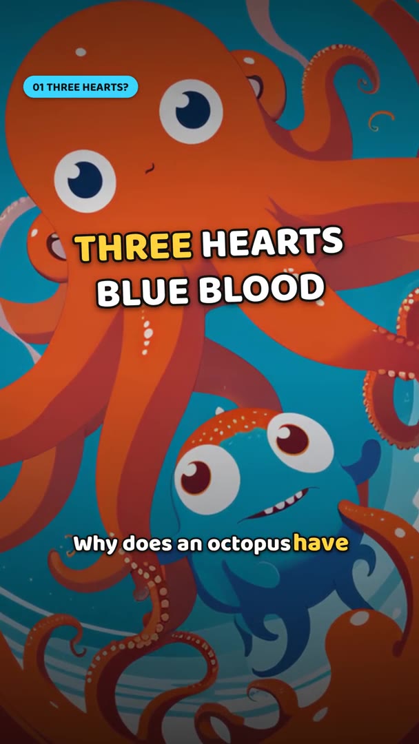 A painted red octopus with big eyes over a blue sea, the words THREE HEARTS BLUE BLOOD across the frame