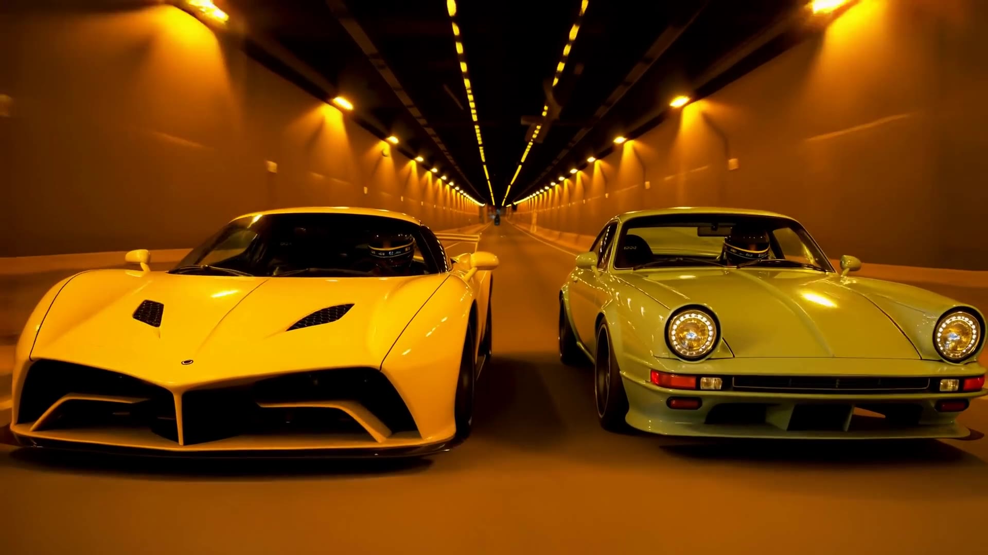 Apex: a yellow supercar and a pale-green classic coupé side by side in an amber-lit tunnel, helmeted drivers at the wheel